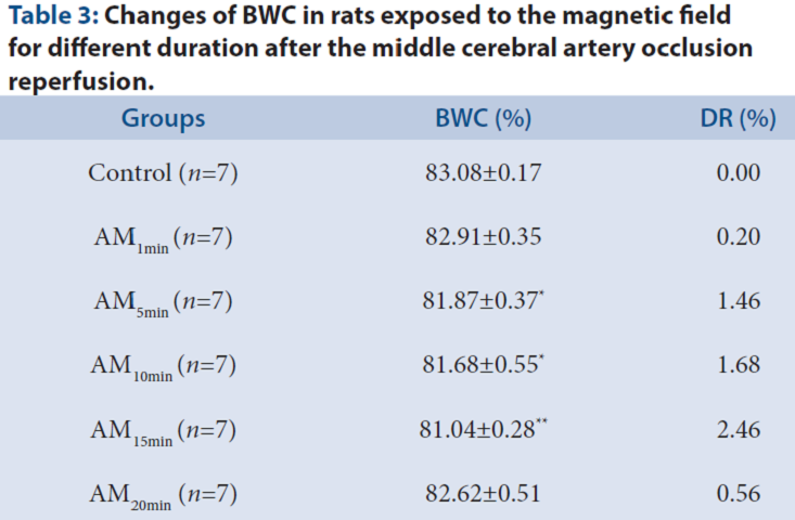 Table 3: Changes of BWC in rats exposed to the magnetic field for different duration after the middle cerebral artery occlusion reperfusion
